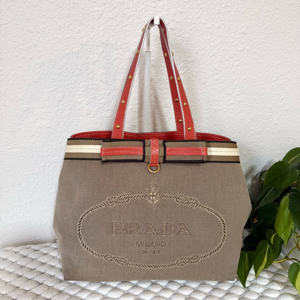 PRADA Tote Shoulder Handbag Canapa Canvas Beige